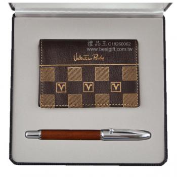 Valentino Rudy方格絞激光名片夾+皮革鋼珠筆